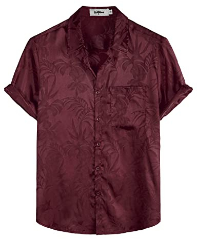VATPAVE Herren Hawaii Hemd Männer Freizeit Kurzarm Sommerhemd Blumen Jacquard Strandhemd 70er Jahre Hemd X-Large Weinrot