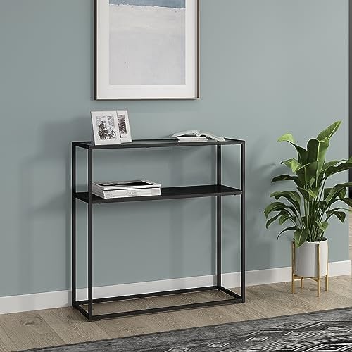 [en.casa] Konsolentisch Kuhmo mit Glastischplatte Beistelltisch mit Ablage Flurtisch Schmal Standregal Ablagetisch Flurmöbel Industrial Design 80x80x30 cm für Vorzimmer, Wohnzimmer Metall Schwarz
