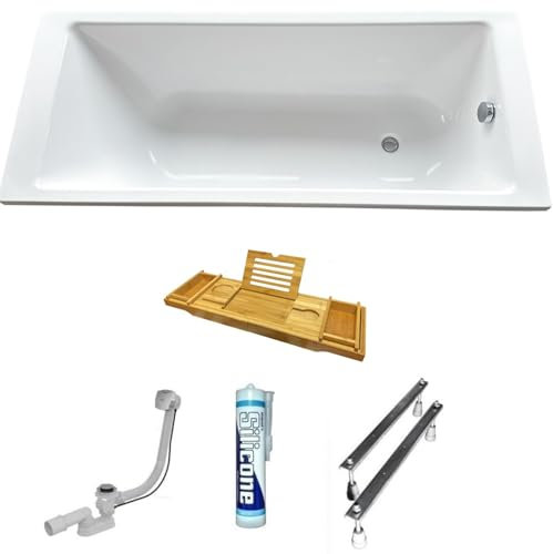 ECOLAM Baignoire rectangulaire en acrylique TAMI 190x90 cm | Planche en Bambou | pieds siphon + silicone