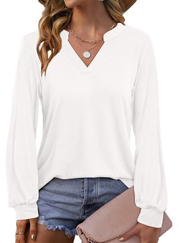 Beluring Damen Langarm Shirt Elegante V Ausschnitt T-Shirt Mode Einfarbig Bluse Weiß XL