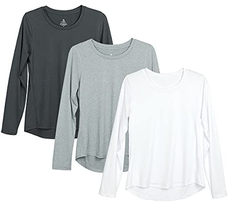 icyzone Long Sleeve Workout Shirts for Women - 3 Pack Athletic T Shirt, Running Exercise Sports Tops (XXL, Black/Gray/White)