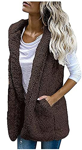 tsaChick Fleeceweste Damen Ärmellos Casual Einfarbig Teddy Fleece Herbst Winter Westen Kapuzen Mit Taschen Cardigan Jacket Warm Bequem Leicht Outwear Plüschweste Steppweste Fuzzy Fleece Mantel Coat