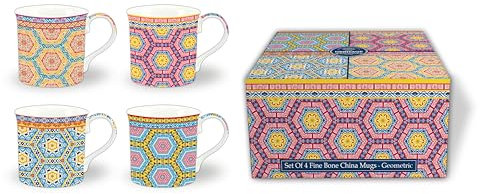 heritage FINE Bone China Set of 4 Mugs Gift Boxed Geometric Design Mugs Free UK DELIVERY