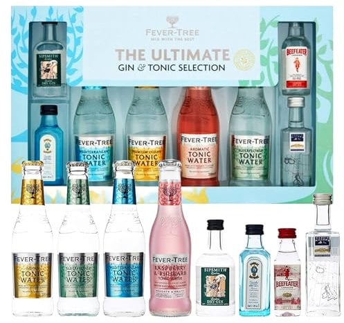 Topline Fever Tree Gin Gift Set - The Ultimate Gin & Tonic Selection Box with Card. Women Gift Sets of 4x200ml Tonic Water & 4x5cl Gin. Great Christmas Gifts for Couples, Secret Santa Gifts for Mum