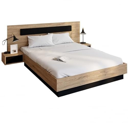 IDMarket - Lit Double Santa avec tête de lit + Tables de Chevet intégrées et sommier 140 x 190 cm Bois et Noir