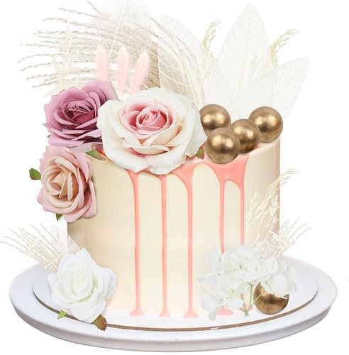 LACGO 30 PCS Boho Cake Decoration - Flower Cake Topper Floral Cake Decoration Pampas Cake Topper with Pink Bunny Tail Grass Gold Balls for Wedding Birthday Party