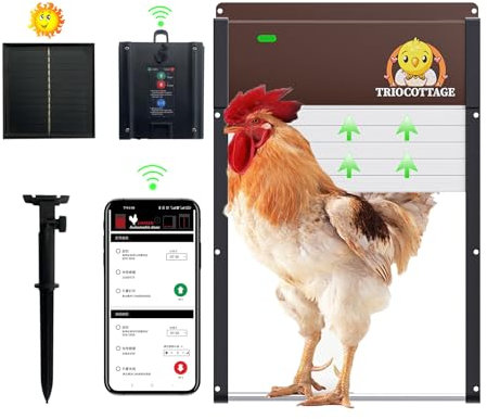 Automatische Hühnerklappe Solar, TRIOCOTTAGE Lichtsensor Hühnerstall elektrische hühnerklappe mit Zeitschaltuhr und Fernbedienung Hühnerklappe Automatisch für Hühnergehege, Wachtelstall,Geflügelzaun