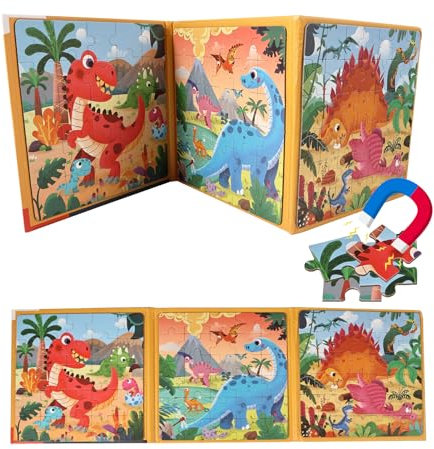Dinosaurier Magnetische Puzzle für Kinder - Holz Magnetische Kinderpuzzle ab 3 Jahre - 25, 30, 42 Teile Tyrannosaurus,Brachiosaurus,Pterosaur,Dino Kinderpuzzle Buch - Reisespiele Magnetisch für Kinder