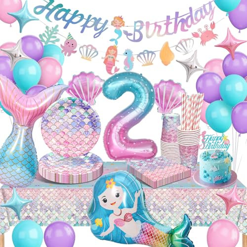Meerjungfrau Partygeschirr Set, Meerjungfrau Geburtstag Deko 2 Jahre, Geburtstag Party Geschirr, Pappteller Kindergeburtstag Deko mit Luftballons für Geburtstagsdeko Mädchen 2 Jahre (2Jahre)