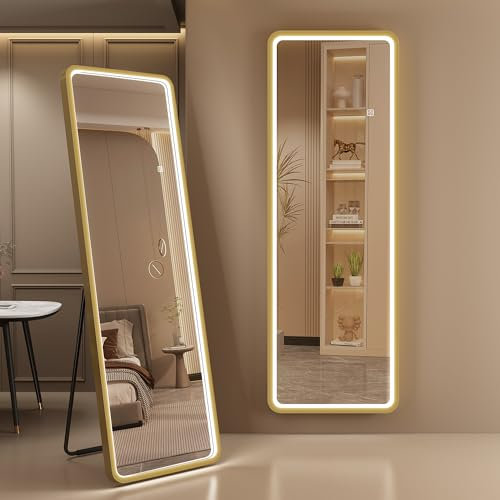 S'bagno Miroir sur Pied avec éclairage 160x50 cm, Cadre en Aluminium, Grand Miroir LED Réglable & 3000-6500K & Fonction Mémoire, Verre Renforcé, Miroirs en Pied pour Vestiaire et Chambre à Coucher, Or