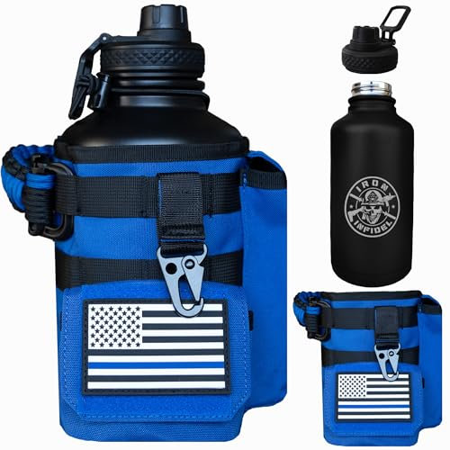 Iron Infidel Battle Bottle - Half Gallon Insulated Water Bottle with Paracord Handle, Large 64 oz Stainless Steel Water Jug with Rugged, Removable Sleeve for Keys, Wallet & Phone (Blue Line 2 Liter)