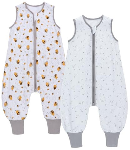 2er Pack Baby Schlafsack Sommer mit Füßen 0.5 Tog 100% Baumwolle Kinder Sommerschlafsack für Jungen und Mädchen (Biene + Stern, XL/105-115CM)