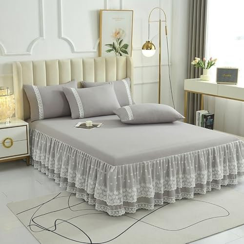 Jupe de Lit Cache Sommier 180x200 Fibre de Bambou 2 Personnes avec 2 Taie d Oreiller, Drap Housse Gris Couleur Unie Dentelle à Volants Grand Bonnet Elastique Tout Autour