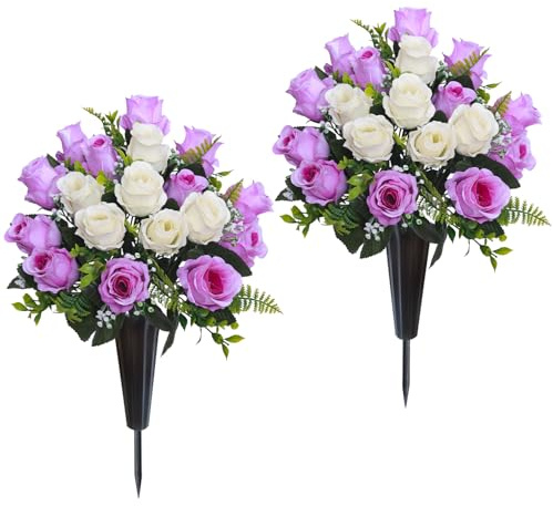 Lodou Set of 2 Artificial Cemetery Flowers, Memorial Flowers Bouquet,Grave Memorial Flowers with Vase for Cemetery Headstones Decoration (Purple White)
