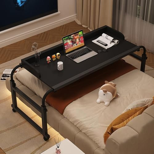 GWWBD Over Bed Table Adjustable Height，Table Basse avec roulettes De Lit à Noir Laptop Tray Desk Pliante A Roulette Medical Inclinable Bureau Gaming(Color:Noir+)