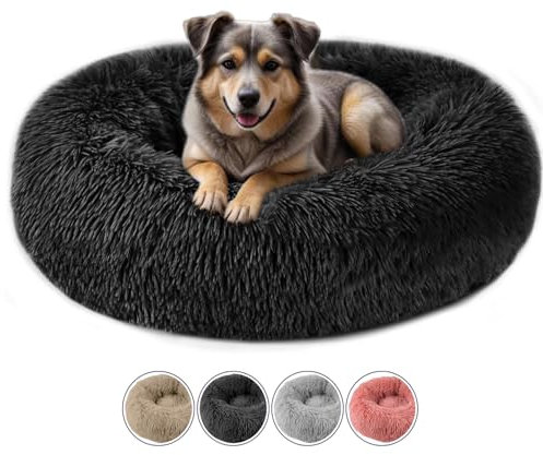 ELYF Plush Donut Dog Bed (80cm) - Calming Cat Bed for Indoor Cats Self-Warming Round Pet Cushion with Anti-Slip, Waterproof Base & Reversible Design, Machine Washable - Dark Grey