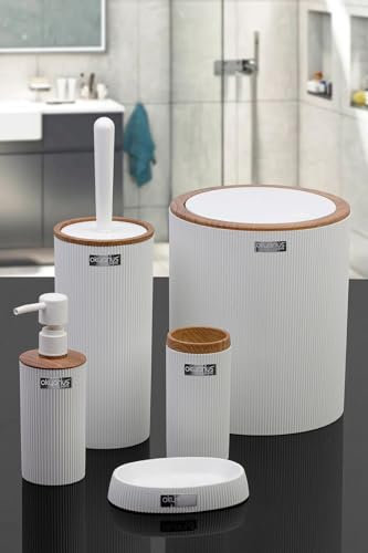 Okyanus Home Badezimmerset - Modernes Holz Zubehör-Set - Weiß - Kunststoff - Lackiert oder Poliert - Seifenschale, Zahnbürstenhalter, Lotionsflasche, Mülleimer, Toilettenbürste