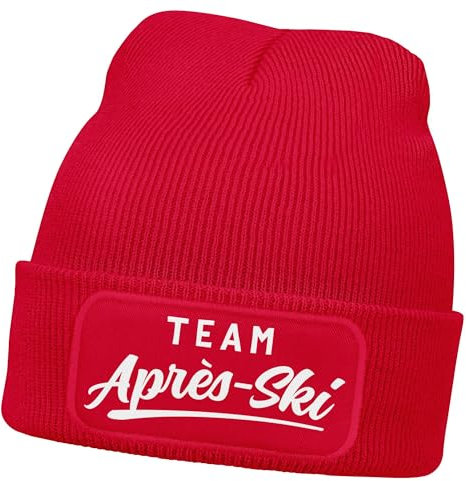MoonWorks® Herren Beanie mit Patch Strickmütze Skifahren Party Skiurlaub Spruch Aufdruck Lustig Mütze Männer Rot Unisize