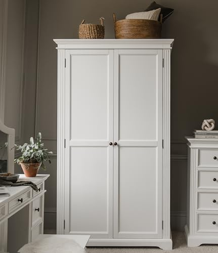 Statement Furniture Gainsborough Double Wardrobe with 2 Doors | White Bedroom Wardrobe Storage with Hanging Rail and Shelf | W115cm H200cm D62cm (antique brass handles)