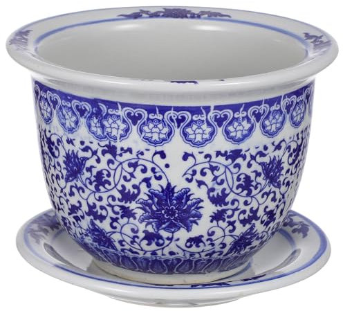 DOITOOL Blauer und weißer Keramik-Übertopf, chinesische Keramik-Blumentöpfe, orientalischer Übertopf, dekorativer Sukkulenten-Blumentopf mit Tabletts für Balkon, Hof, Heimdekoration