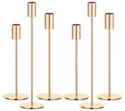 Filltown Gold Kerzenhaltern Set 6, Kandelaber Stabkerzen 32/27/22CM, Dekorativer Vintage-Kerzenhalter aus Metall für Kaminsimse, Hochzeiten, Abendessen, Geburtstage, Tischmitte, Wohnkultur