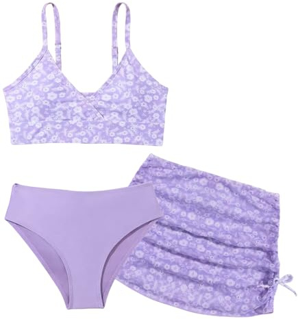 SEAUR Mädchen Bikini Set mit Rock 3 Teilig Badebekleidung Gepolstert Teenager Bademode Modisch Gedruckt Badeanzug Kinder 120-170cm