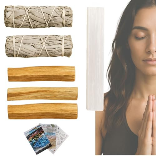 Kit Limpieza Energética: 2 Sahumerios Naturales de Salvia Blanca + 3 Palo Santo + 1 Selenita Natural 8-10 cm | Regalos espirituales | Purificación, Meditación y Protección Espiritual | SamayZen