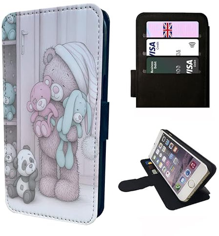 Cute Teddy Bears Wallet Phone Case Flip Cover – Compatible with iPhone SE, 7, 8, X, XR, 11, 12, 13, 14, 15, 16 & 16E (Plus, Mini, Pro, Max) – Faux Leather Teddy Bears Bear Lovers Black