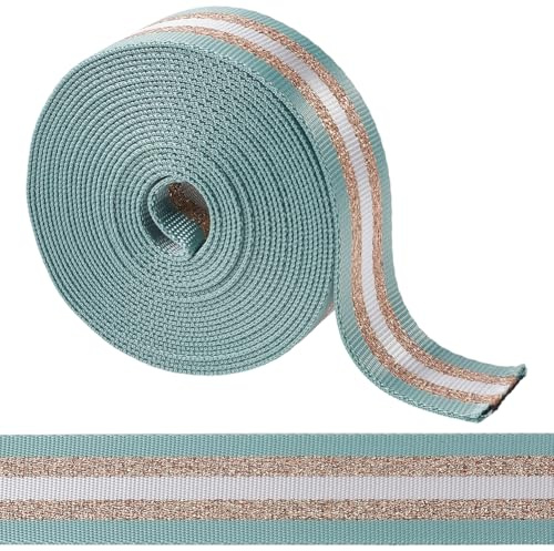 GORGECRAFT 38mm Breite Gestreifte Gurtbänder Strapazierfähiges Gurtband 4.6 m Metallisch Gold Weiß Gestreift Rucksackgurte Mittelgroßer Aquamarin Nylongürtel Für Heimwerker Nähen Basteln Taschen Ersat