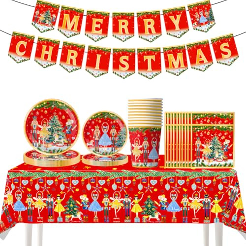 Nutcracker Party Supplies Set, Christmas Plates Set, Nutcracker Soldier Plates, Cups, Cutlery, Tablecloth & Banner for Holiday Celebrations-52pcs