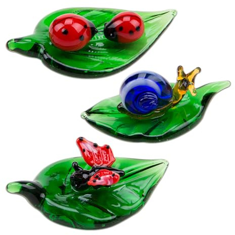 HUTRADE 3 Stück Bunte Glas-Insekten Figuren Niedliche Marienkäfer Statuen, Schmetterlinge & Schnecken Deko für Zimmer, Schreibtisch & Aquarium dekorative Insekten-Ornamente