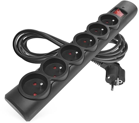 EMOS - multiprise parafoudre avec LED, 6 Prises françaises 45°, câble 3m, Interrupteur, sécurité Enfants, 2300W/10A, PVC, intérieur, Noir