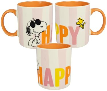 The Peanuts Snoopy Tasse - HAPPY Kaffeetasse Becher Kaffeebecher aus Keramik Weiß/Orange 320 ml