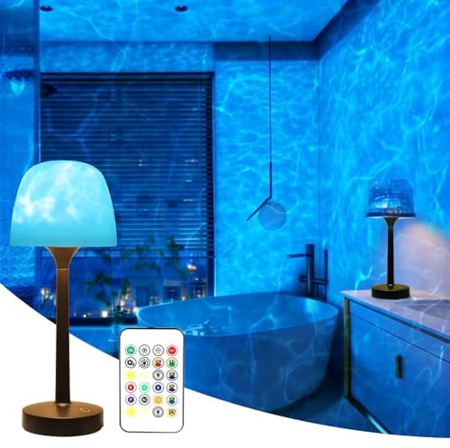 GUIGUZHJ Duschlampe Wasserdicht | Tischlampe | Nachttischlampe Dimmbar | Kabellos | mit 16-farbigem Wellenlicht-Projektor | Wiederaufladbare Tischlampe für drinnen und draußen | Touch & Fernbedienung
