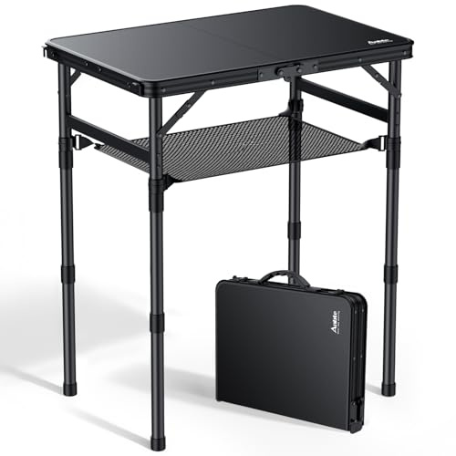 Anbte Campingtisch Klappbar 58x40cm Aluminium-Rahmen & Kunststoff-Tischplatte mit 3 Höhen Verstellbar 26/48/70cm Picknicktisch mit Aufbewahrungsnetz Klapptisch für Garten Balkon (Ganz Schwarz)