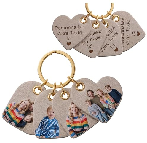 Fanery Sue Porte clef personnalisable, Porte clé photo personnalisé, Porte-clés en cuir cœur gravé double face, Cadeau personnalisé pour femme homme Fête des Mères anniversaire