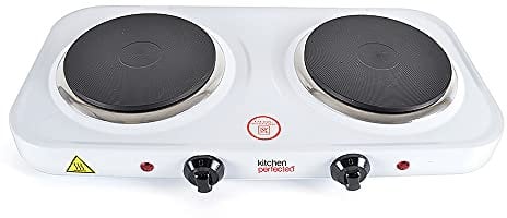 KitchenPerfected 2000W Double Hotplate / Cast Iron / Variable Heat Settings / Overheat Protection / Corrosion Resistant / Power Indicator / Non Slip Feet / Easy Clean - White - E4202WH
