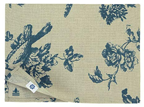 Linen & Cotton Tischsets Platzsets Stoff Tischmatte Fiore -59% Leinen, 41% Baumwolle, Beige Blau (30 x 45cm, 2 Stück) Rustikal Platzdeckchen Abwaschbar Wasserdicht Blumen für Home Küche Garten Outdoor