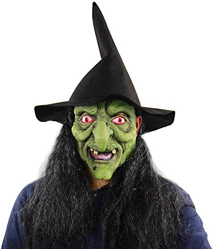 Qchomee Halloween Horror Mask with Hair Cosplay Scary Full Green Witch Mask Halloween Festival Fancy Dress Prank Trick Awful Adults Cosplay Costume Props Toys Novelty Latex Head Mask Headwear