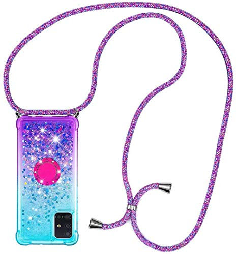 HongMan Handykette Hülle für Samsung Galaxy A51, Smartphone Necklace Glitzer Transparent Silikonhülle mit Band - Handyhülle Case mit Stylische Kette zum umhängen, Blau + Lila