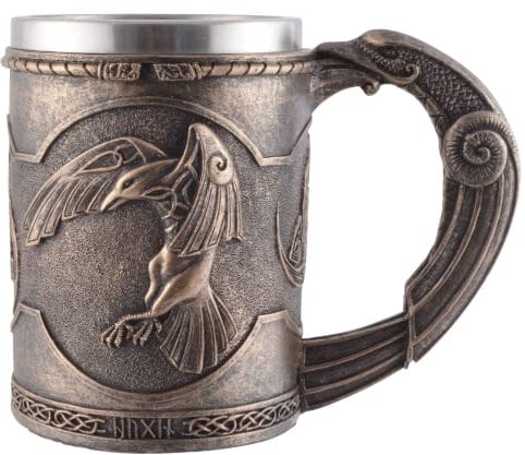 VOGLER Joh. Vogler GmbH Chope viking Hugin et Munin, fabriquée en pierre artificielle et peinte à la main d'artiste avec couleur bronze, avec insert en acier amovible de 600 ml