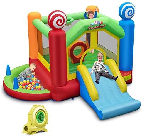 Maxmass Inflatable Bounce House, Kids Bouncy Castle with 680W Blower, Slide, Ball Pit, Jumping Area, Ocean Balls, Blowup Jumping Bouncer Playhouse for Indoor & Outdoor (Candy Land Theme)