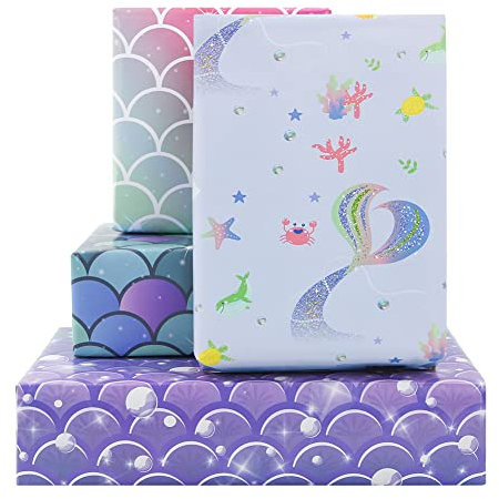 Geschenkpapier mit Meerjungfrauen-Motiv, 8 Bögen, 4 Stile, Meerjungfrauen-Geschenkpapier, buntes Geschenkpapier für Mädchen, Frauen, Jungen, Männer, flach, 50.8x71.1 cm pro Bogen