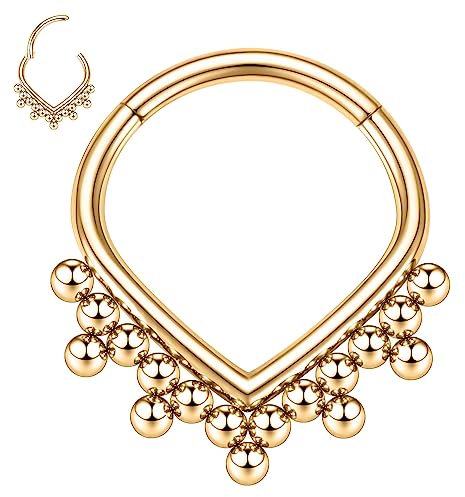 hengkaixuan 16G Daith Ohrringe Chirurgenstahl Septum Clicker Ring Tropfenförmiger Nasenring mit Perlen Septumschmuck Gold Conch Piercing Clicker Ring Rook Helix Knorpel Tragus Creolen 8 mm