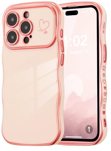 ZTOFERA Compatible with iPhone 13 Pro Max Case for Girls Women, Cute Curly Wave Frame Shape Soft Silicone Case with Love Heart Pattern Camera Protection Plating Edging Shockproof Cover, Pink