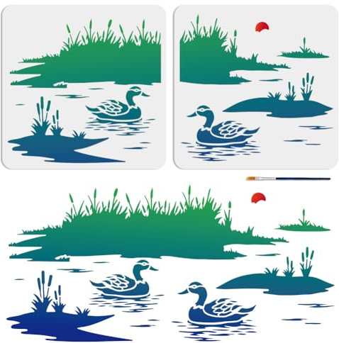 MAYJOYDIY 2 Stück Schablone Mit Entenschilf 30×30cm Spleißstil Sonnenuntergang Flusslandschaft Schablone Mit Natur Entensee 56 x 27cm Zeichenvorlage Mit Pinsel Für Kunsthandwerk Leinwand Möbel