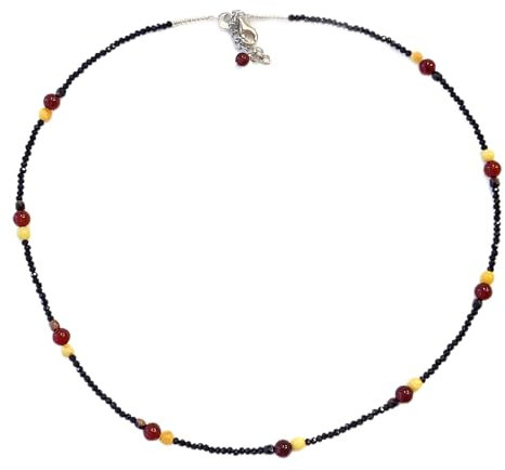 Schwarzes Spinell Collier/Kette tiefschwarz Ø 2 mm, Baltischer Bernstein, 925 Sterling Silber Karabinerverschluss, Länge 43+4 cm