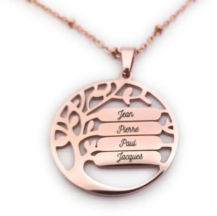 Lyly'S Collier arbre de vie 1-8 prénoms porte clé personnalisé fête des mères fêtes des pères acier inoxydable argent caeeau famille (Or rose)
