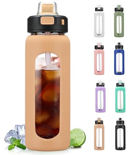 BLUEGO 700ml Trinkflasche Glas mit Strohhalm und Griff Auslaufsichere Wasserflasche mit Silikonhülle und Messskala Sport Glaswasserflasche BPA frei, Amber