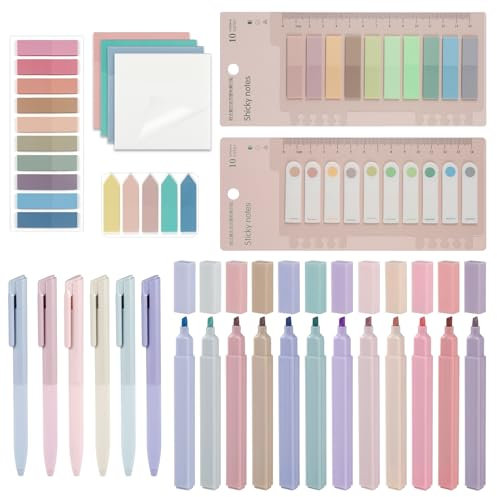moinkerin 900 Stücke Haftnotizen mit 12 Stück Textmarker Pastell und 6 Aesthetic Gelstifte für Lesezeichen,Studieren,Büro,Schulplaner Memo